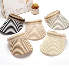 Корейский стиль для женщин дамы плетеная солома Пустой Топ Защита от солнца козырек шляпа клип на полоски контрастного цвета широкими полями анти-УФ Открытый пляж кепки