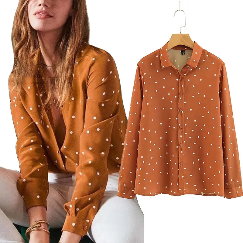 

2018 Autumn Long Sleeve Polka Dot Shirt Turn Down Collar Korean Fashion Button Down Cute Shirt Fall Loose Tops Streetwear