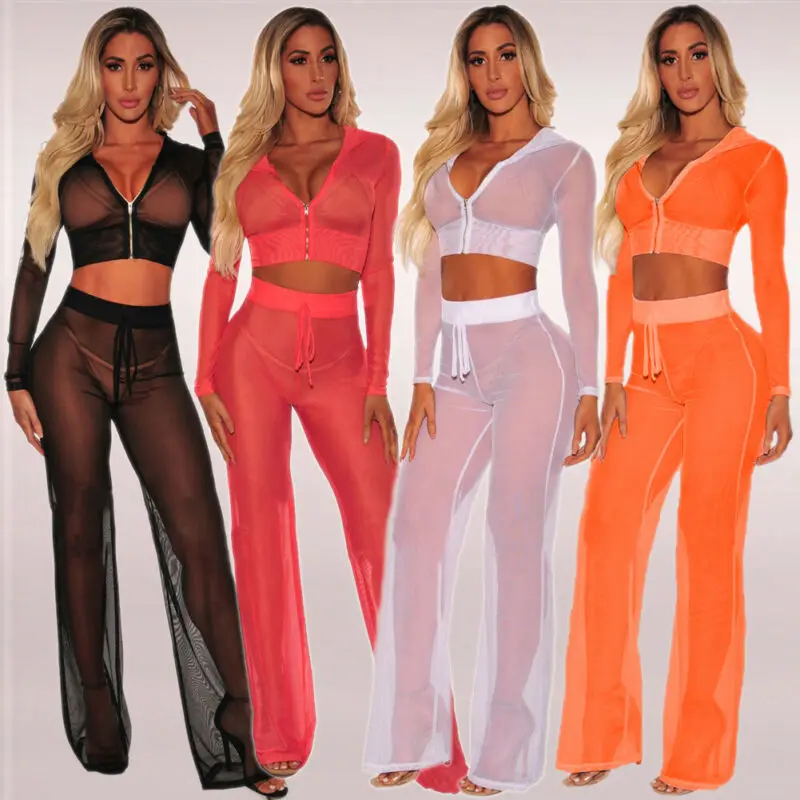 

Mesh 2 Piece Set Women Beach Cover Up Bikini Cover Up Swimwear Women Bathing Suit High Waist Beach Suit Long Sleeve Long Pants