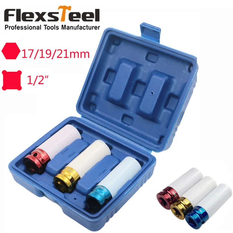 

3Pcs 17/19/21mm Car Tire Protection Sleeves Thin Wall Car Wheel Deep Impact Nut Socket Driver Set Auto Car Repair Tools Kit