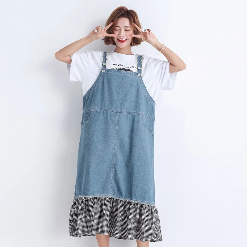 Johnature Sweet Korean Spaghetti Strap Solid Ruffles Women Spring Summer Denim Dress Loose mid-calf Mermaid Jean Dress