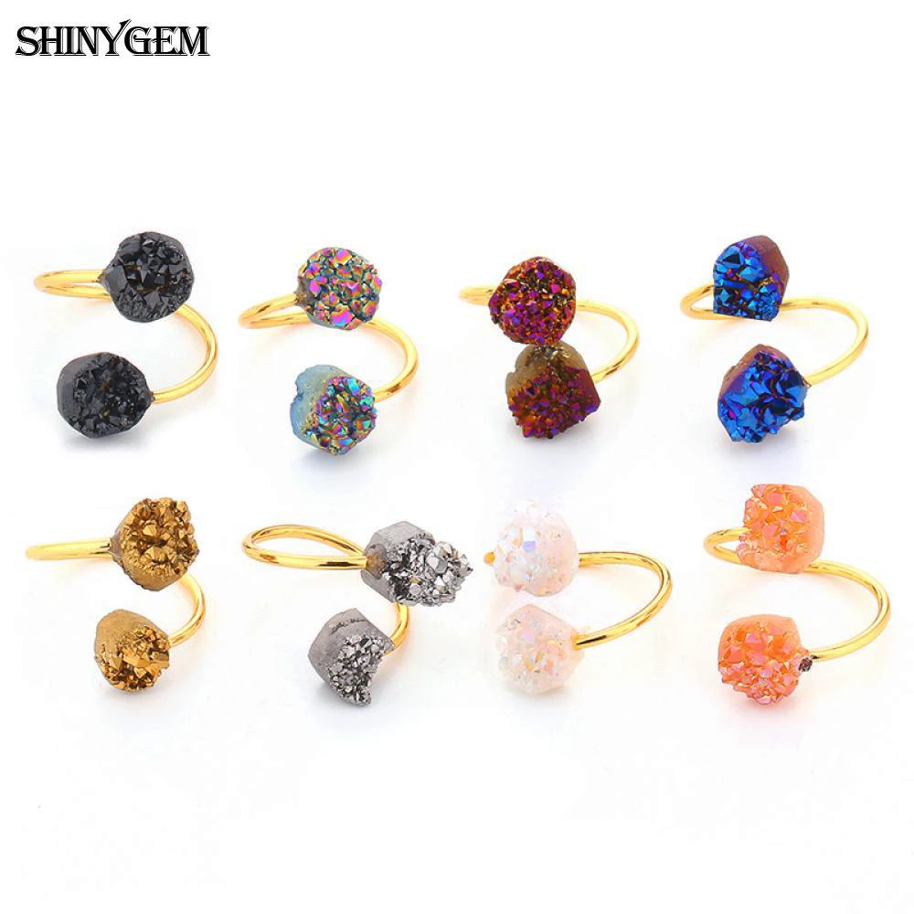

ShinyGem Wholesale Vintage Ring Gold Plating Irregular Double Druzy Stone Ring Adjustable Natural Stone Rings For Women 5pcs/Lot