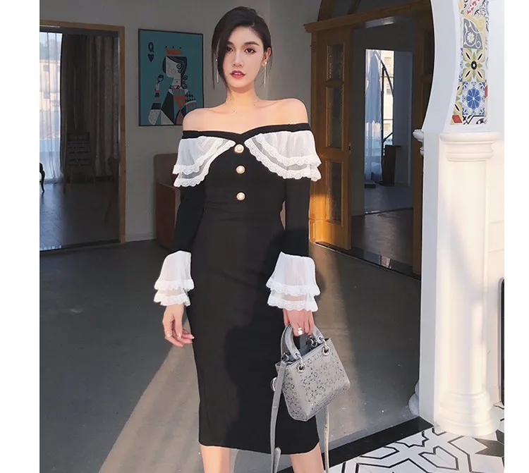

Dress Women Black Party Long Ruffles Lace Sleeve Slash Neck Sexy Dress Elegant Club Dress Women Fashion Vestidos Verano CC024