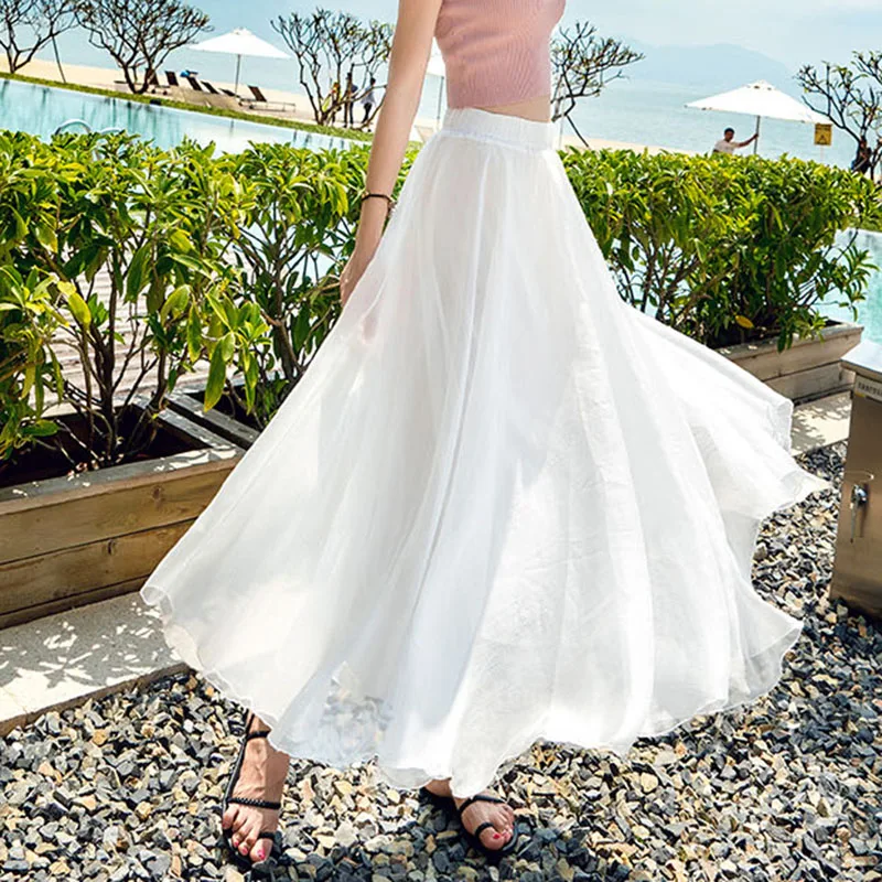 

White Mesh Tutu Skirts Pleated 14 colors Long Maxi Skirt Elastic Waist Korean Tulle Skirts Vintage Summer Skirts Women Plus Size