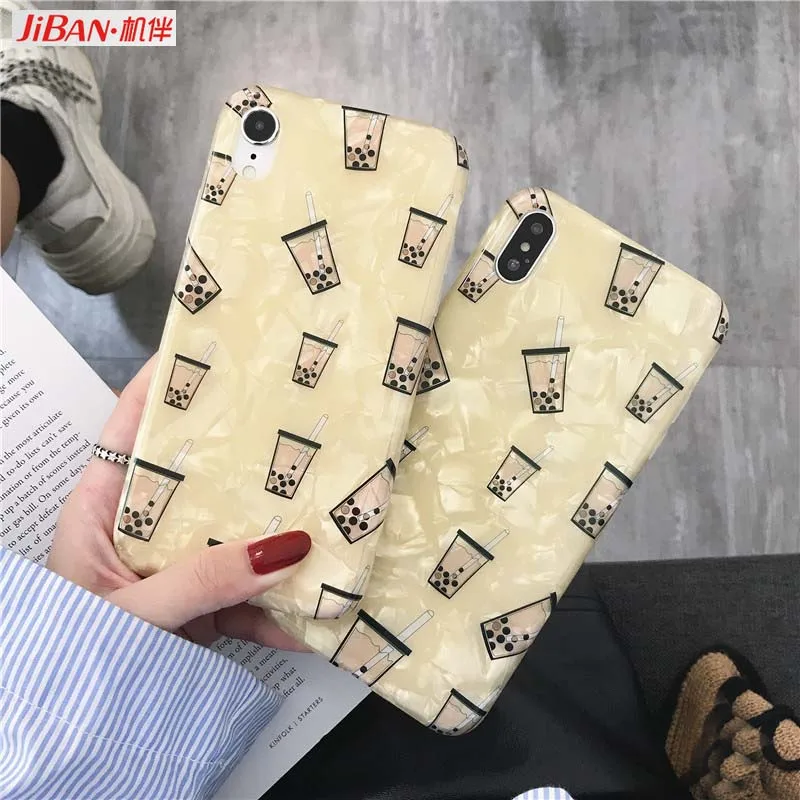 JIBAN Cute Milk Tea Phone Case for Iphone X XR XS Max 6 6s 7 8 Plus Cartoon Back Cover Luxury Yellow Shell Soft |