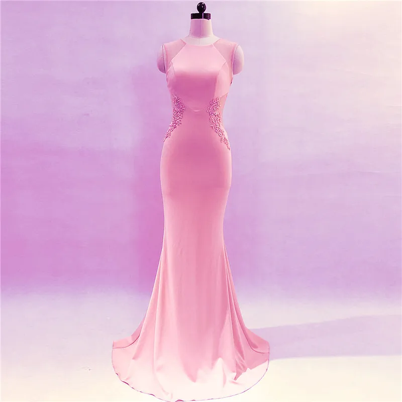 Solid Pink Cotton & Mesh Beaded Floral Appliques Mermaid Sexy Club Dresses 2018 New Arrival Party Dress Women Vestido Long Slim (7)