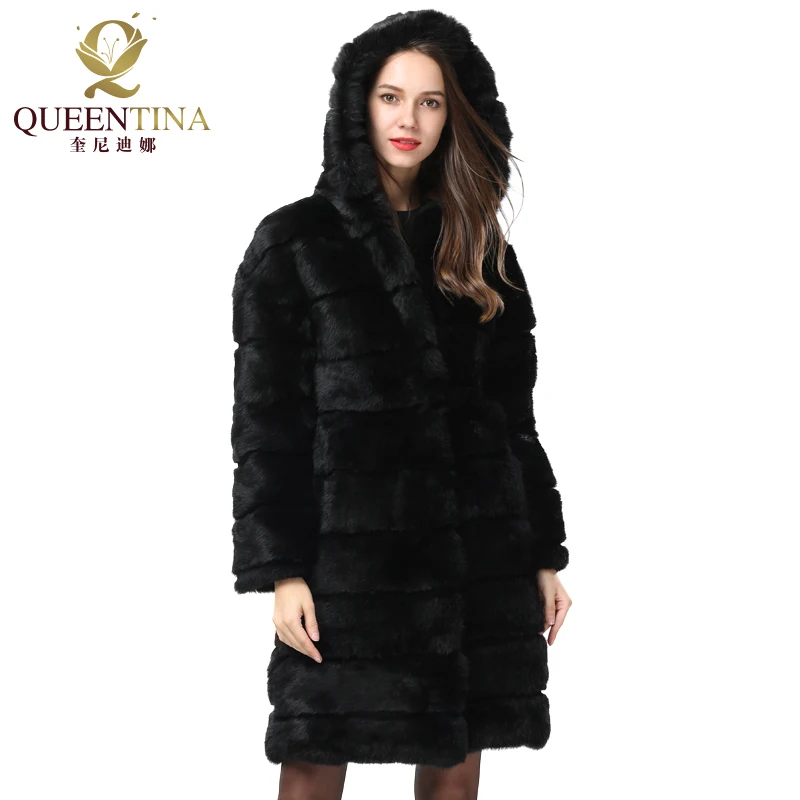 Новая зимняя куртка из натурального кроличьего меха с капюшоном, черное толстое теплое мягкое длинное пальто из натурального меха, Женская рождественская верхняя одежда, меховые пальто