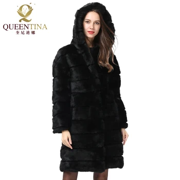 

New Winter Real Rabbit Fur Jacket Hooded Black Thick Warm Soft Natural Fur Long Coat Women Christmas Outwear Full Pelt Fur Coats