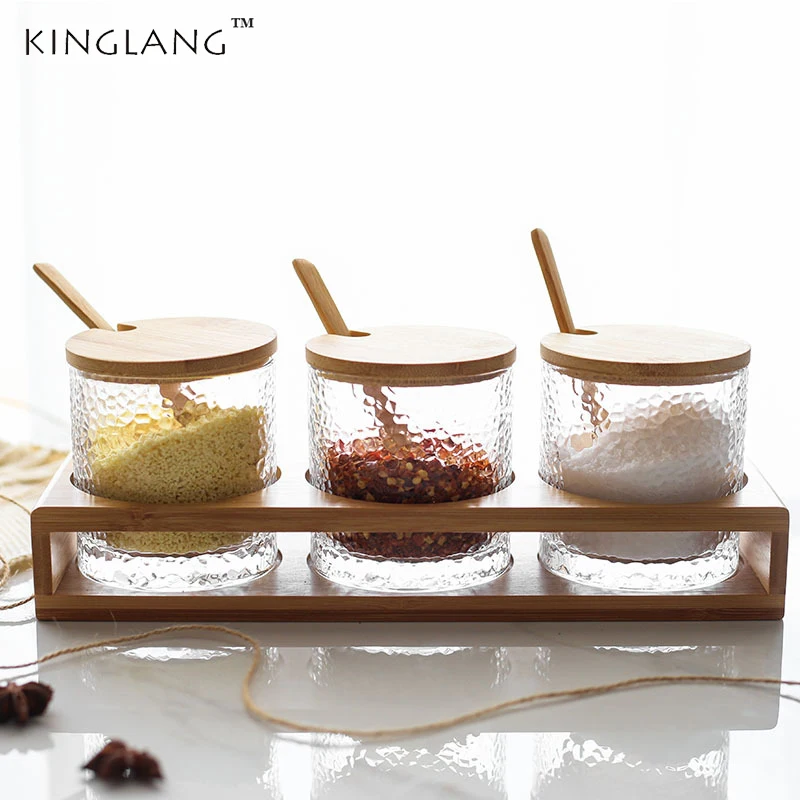 

Japanese Style 3 pieces Set Glass Seasoning Pot Set Household Kitchen Supplies Salt Box Set Wood Base