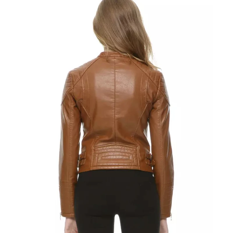 Autumn Winter Women Faux Leather Jackets and Coats Lady Pu Motorcycle Brown Zipper Coat Streetwear Biker Outerwear