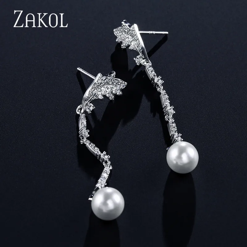 ZAKOL новинка модные блестящие длинные висячие серьги в виде листьев из