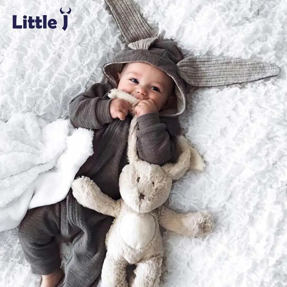 Little J Baby Warm Bunny Ear Rompers Autumn Winter Infant Rabbit Style Jumpsuit Cotton Boys Girls