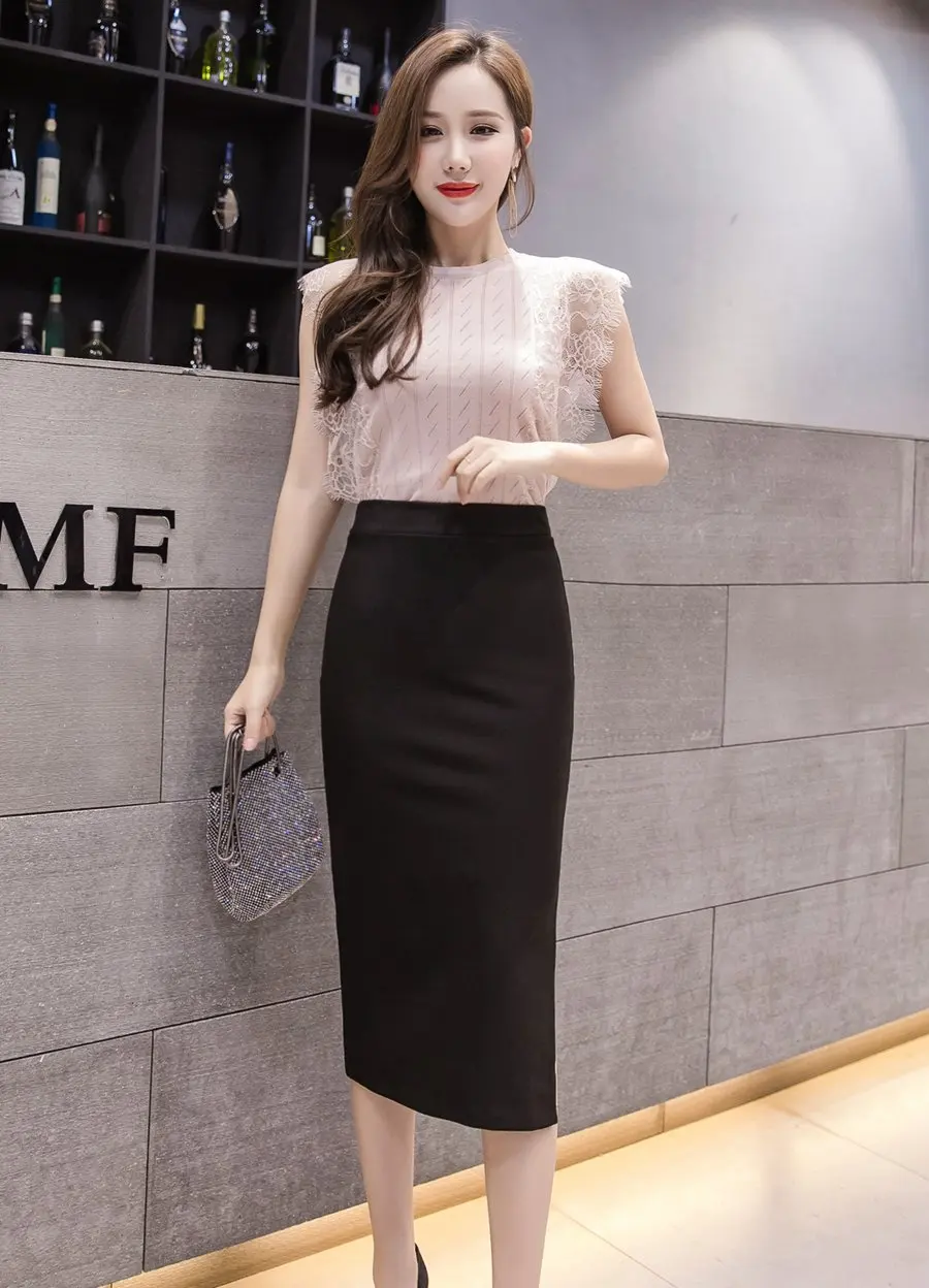 Плюс размер Faldas Mujer Moda Женщины Длинная юбка с высокой талией Красный оборками Корейский сексуальный офис леди Черные юбки-карандаш женские
