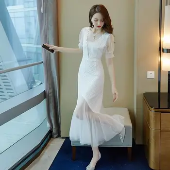 

2019 New Summer Women Lace Patchwork Mesh Trumpet Dress Female Puff Sleeve Solid Draped Dresses Lady Evening Party Vestido Y120