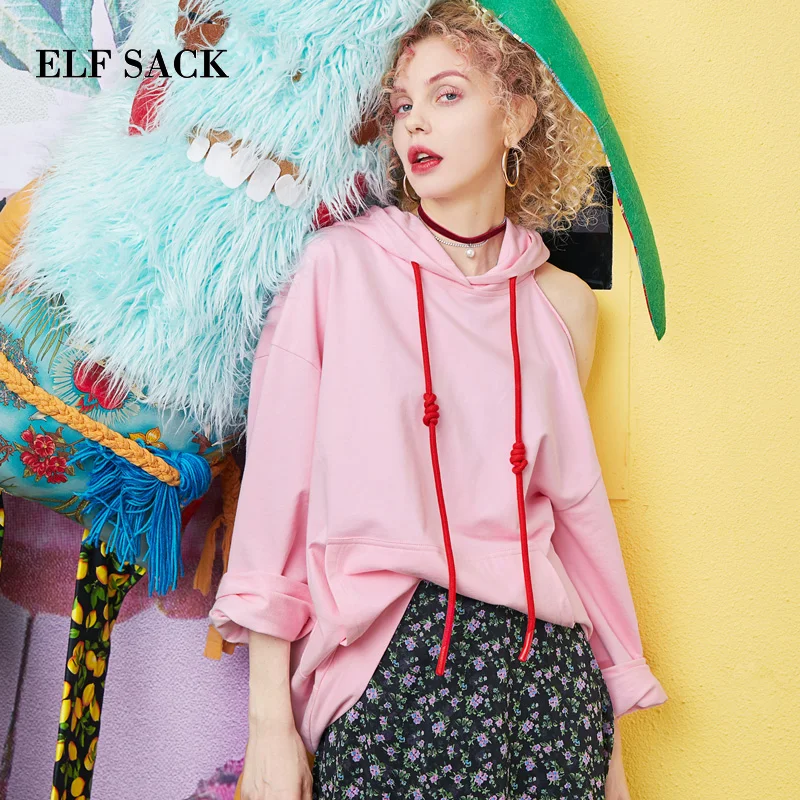

ELF SACK Summer Sexy Woman Sweatshirts Solid Cotton Oversized Pullovers Ladies Hoodies Preppy Style Hooded Casual Femme Sudadera