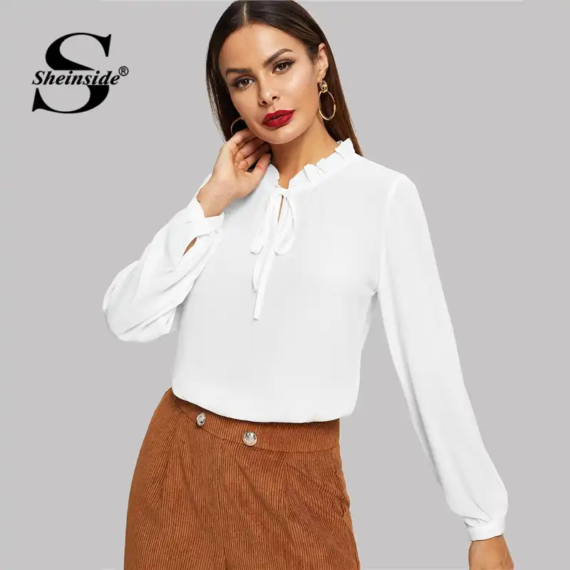 Sheinside Ruffle Trim Tie Neck Top Female White Blouse Women Long