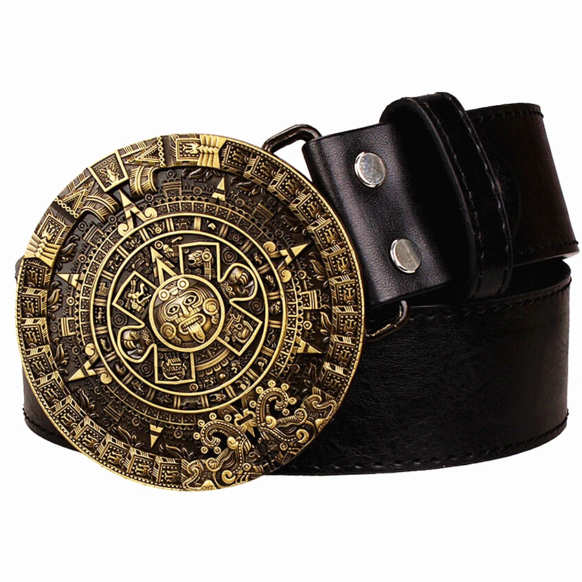 Personality Aztec gold belt metal buckle round solar calendar men's