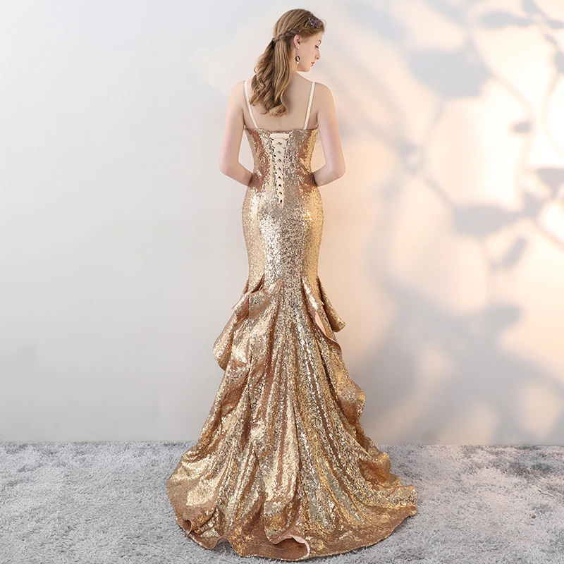 JaneVini vestido dorado largo Gold Bridesmaid Dresses Sexy Mermaid Long Split Women Wedding Party Gowns Sequins Formal Dress