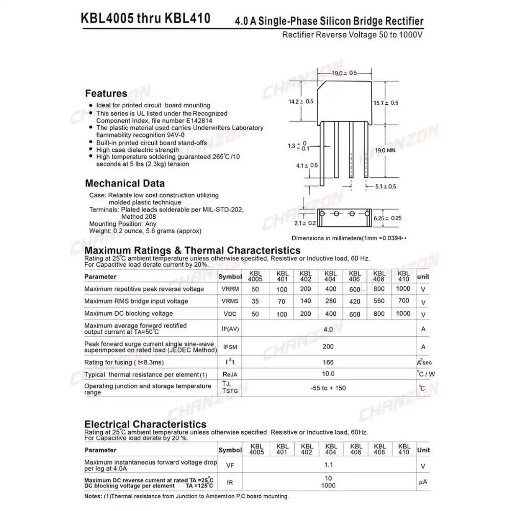 3pcs KBL406 KBL-406 4A 600V Single Phases Diode Rectifier Bridge Single