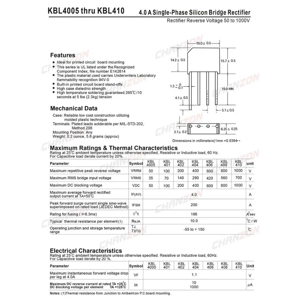Мостовой выпрямительный диод KBL406 10 шт. 4 а 600 В KBL (SIP 4) однофазный полнофазный