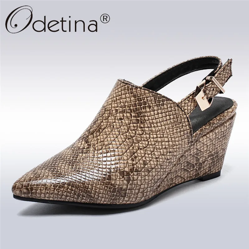 Odetina New Fashion Sexy Snakeskin High Heels Women Wedge Pumps Pointed Toe Slingback Dress Shoes Buckle Ankle Strap Big Size 43