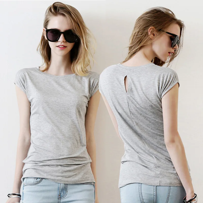 New 2016 spring and summer Casual O-Neck short sleeve t-shirt solid color Women T shirts Slim wild Back Hole  Lady Tops S2011