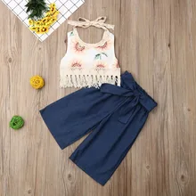 Pudcoco/Летняя одежда для маленьких девочек укороченные топы с открытой спиной без рукавов с цветочным принтом и кисточками длинные штаны комплекты из 2 предметов одежда для малышей