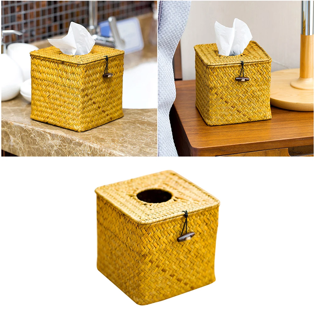 

1 PC Practical Bamboo Knitted Tissue Box Simple Tissue Storage Holder For Home Hotel Car Store Restaurant Use (Primary Color)