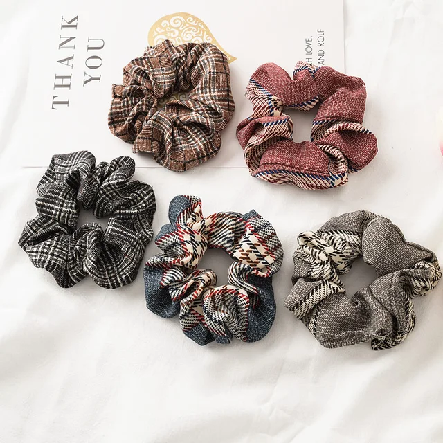 New Fashion Women Vintage Plaid Cloth Elastic Hair Bands Tie Gum