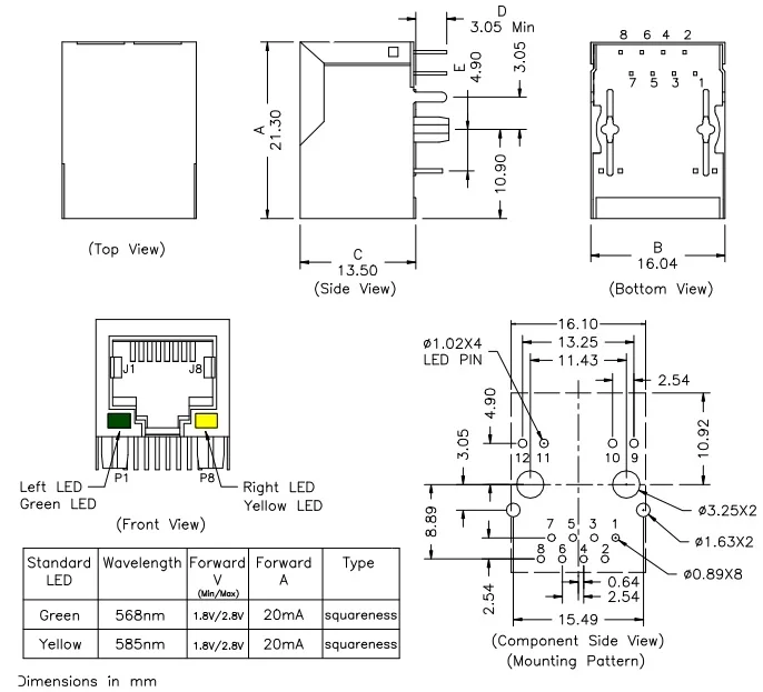 1000 шт. RJ45 Ethernet разъем с трансформатором и светодиодный женский PCB Модульные Разъемы Ethernet разъем с трансформатором и светодиодный s