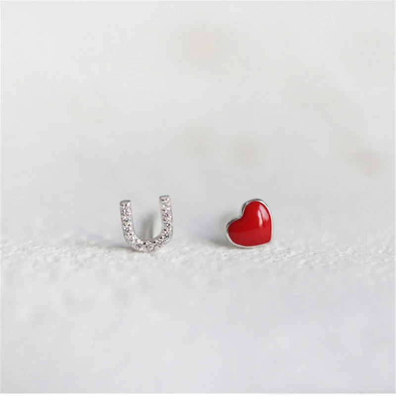 

2018 Hot Sale Silver Red Heart Stud Earrings Sweet U Letter Zircon Earrings for Woman Gift 925 jewelry