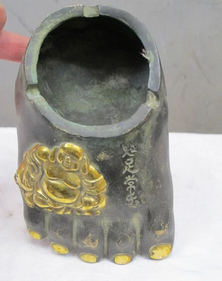 

Collectible bronze S2283 6" sign back stamp China Bronze gilt Gold maitreya Buddha Big Foot ashtray Statue (B0328)