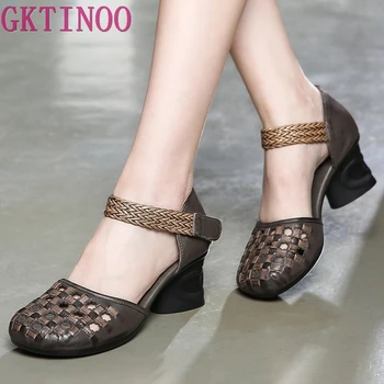 

GKTINOO Genuine Leather Women Sandals Summer Shoes 6CM High Heels Retro Handmade Women Shoes 2020 Hollow Out Sandal