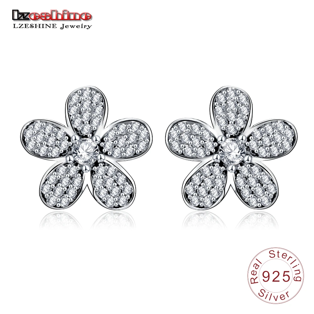 

LZESHINE 925 Sterling Silver Flower Stud Earrings Small Ethnic Earrings for Women AAA CZ Stone Jewelry PSER0026-B