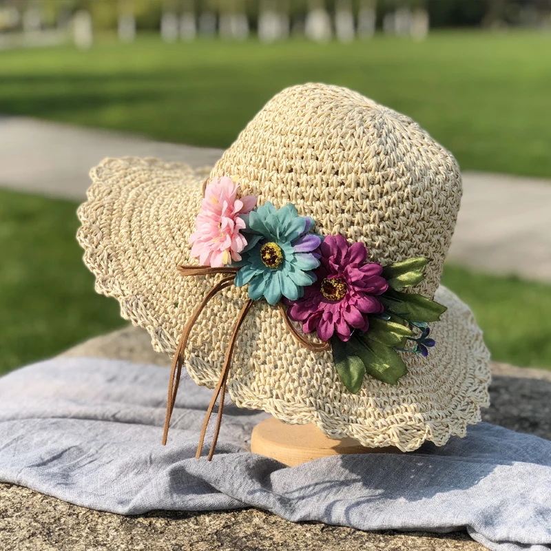 

Pure Handmade Women Flower Straw Hat Floppy Dome Bucket Hat Elegant Ladies Beach Summer Floral Fedora Cap