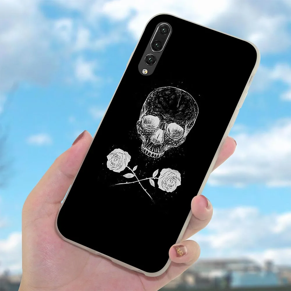 Мягкий чехол из ТПУ с черным черепом и белым цветком для Huawei Y6 чехлы Nova 3 3i 6A 8 8C 7Cin 10