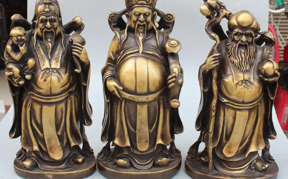 

14"Chinese Pure Bronze Blessing Fu Lu Shou 3 Mammon Immortal God Ruyi Set Statue