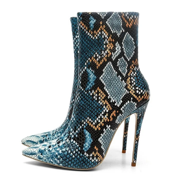 ARQA/Модные женские ботильоны со змеиным узором; теплые женские ботинки на высоком каблуке с подкладкой из короткого плюша; zapatos de mujer botas - Цвет: Синий