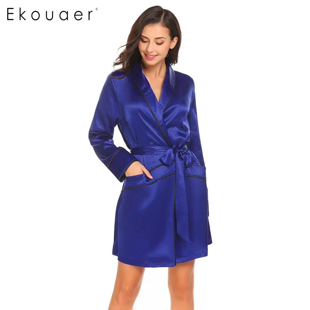 Ekouaer Kimono Short Robe Womens Open Front Lapel Neck Long Sleeve ...