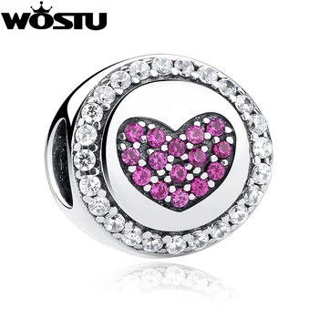 

925 Sterling Silver Love Charm Beads With Pink Heart CZ Fit Original WOST Bracelet Authentic DIY Jewelry Gift BKC014