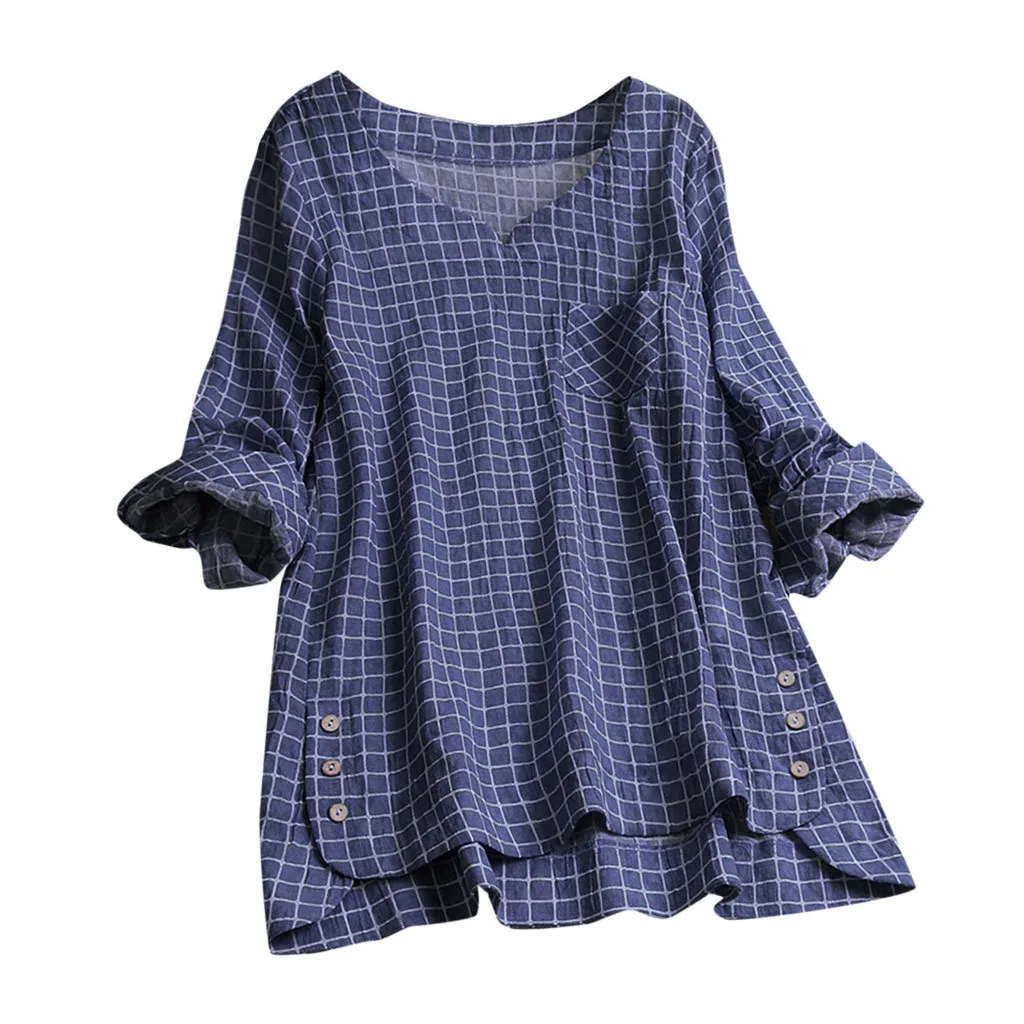 

PlusSize Cotton t-shirts women fashion 2019 Vintage Plaid t shirt femme sport Button Loose women clothing summer haut femme #G7