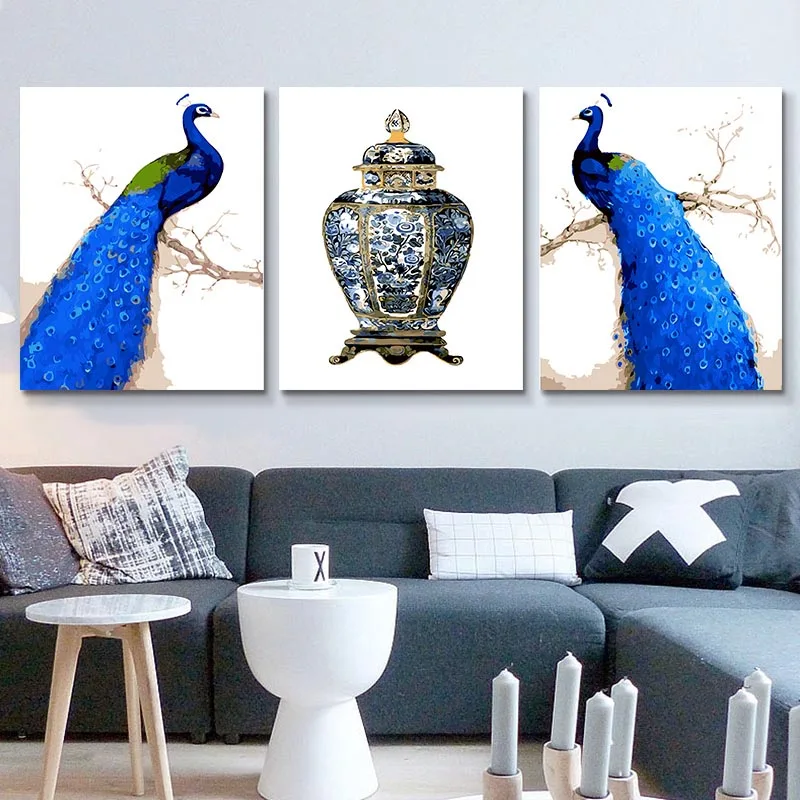 DIY масляная краска по номерам деревья листья Триптих картинки животные абстрактная краска Настенная Наклейка раскраска пейзаж подарок домашний декор - Цвет: 22 Blue peacocks