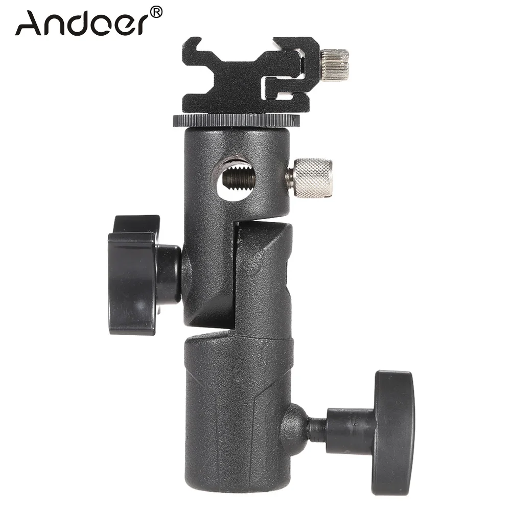 

Andoer E Type Universal Metal Flash Hot Shoe Speedlite Umbrella Holder Light Stand Bracket w/ 1/4"3/8"Screw Mount Swivel Adapter