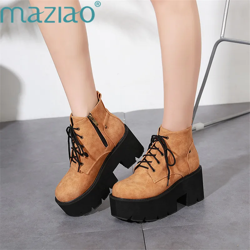 

Brown Punk Boots Women Ladies Platform Boots High Heel Winter Shoes Motorcycle Ankle Boots Waterproof Snow Boots Lace Up MAZIAO