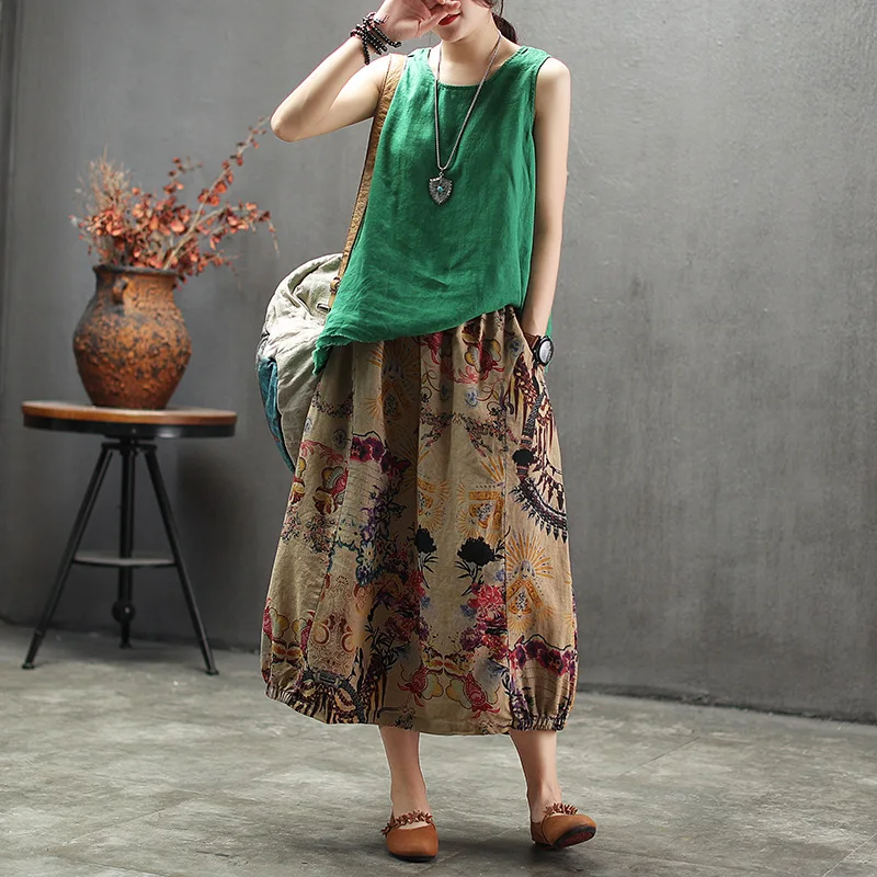  Ethnic Print Long Skirts Women High Waist Midi Skirt Linen 2019 Summer All-Match Skirt Ladies Green Beach (4)