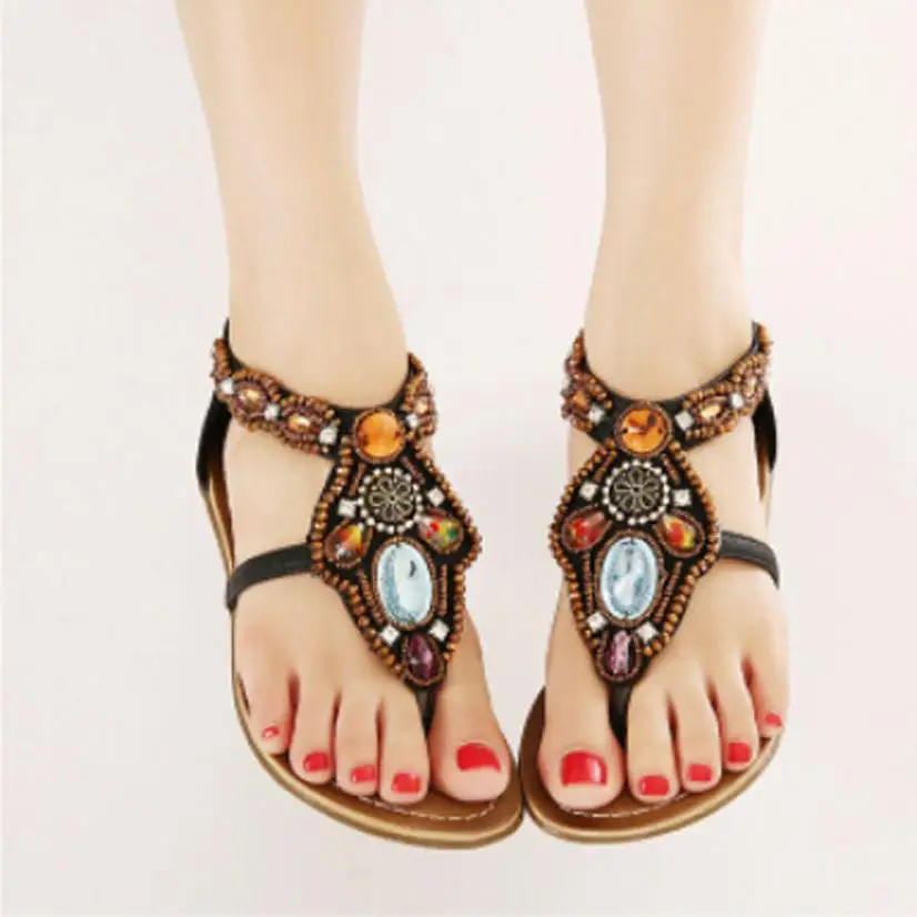 

Women Sandals Bohemian Style Beaded Cover Back Zipper Flats Shoes Beading Casual Open Toe Sapato Feminino #2607