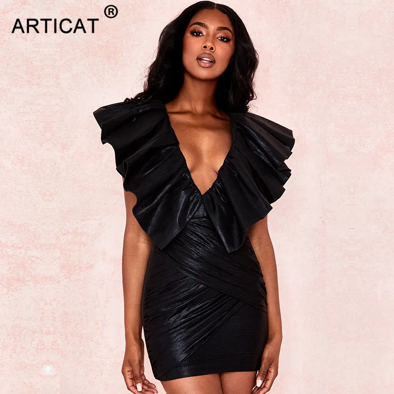 Articat Sexy Deep V Neck Ruffles Party Dress Women Sleeveless Bodycon Summer Dress Black Pleated Short Dress Clubwear Vestidos