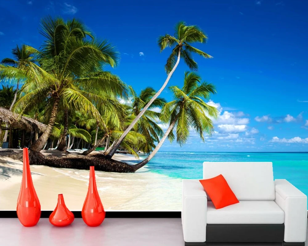 

papel de parede Sky and sea coconut beach scenery 3d nature wallpaper,living room tv sofa wall bedroom restaurant custom murals