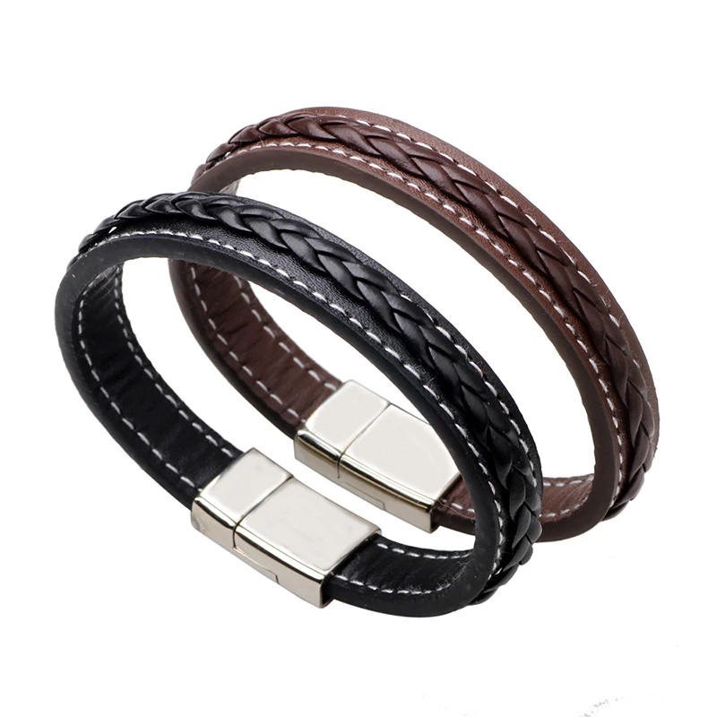 

Korean Leather Bracelet Men Punk Jewelry Woven Charm Bracelets Mens Jewellery Fashion Titanium Steel Clasp Accessories Gifts