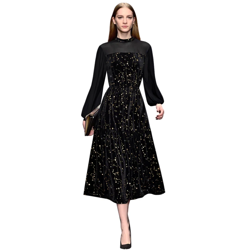 

gold stars gilding see through sheer mesh patchwork black velvet dress stand collar long sleeve elastic waist ruffle midi dress